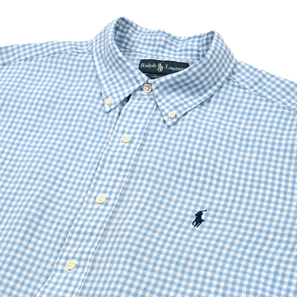 VTG Polo Ralph Lauren Shirt Mens XL Gingham Plaid 100% Linen Classic Fit Preppy